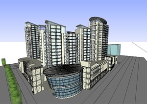 现代某高层宾馆与商业综合建筑设计SU(草图大师)模型与CAD平面方案图