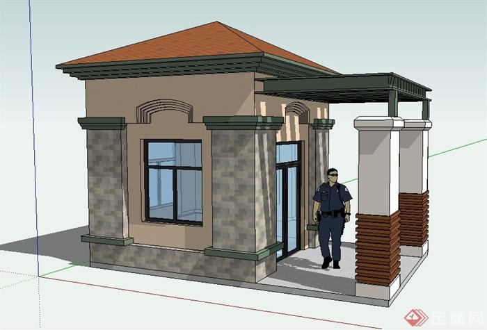 新古典风格保安室、门卫室建筑设计su模型(1)