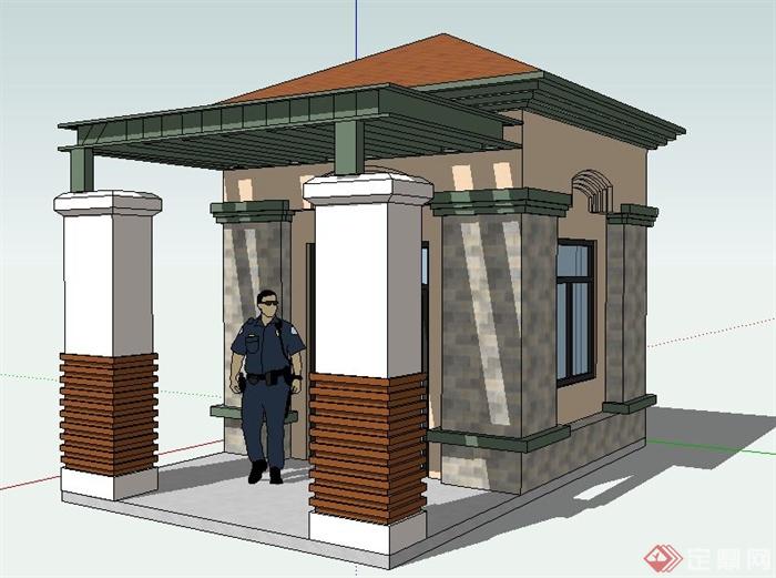 新古典风格保安室、门卫室建筑设计su模型(2)