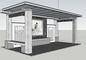 现代中式风格玻璃廊架及景墙SU(草图大师)模型