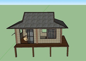 某单层木制茶室建筑设计SU(草图大师)模型