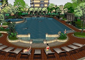 新古典风格住宅小区中央泳池景观设计SU(草图大师)模型