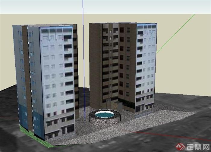 现代两栋对称住宅楼建筑设计su模型(1)