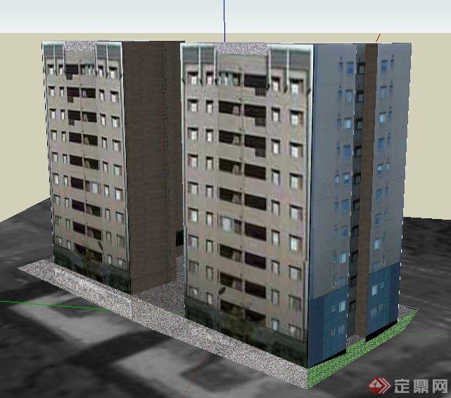 现代两栋对称住宅楼建筑设计su模型(2)