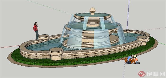 新古典风格椭圆形喷泉水景su模型(1)