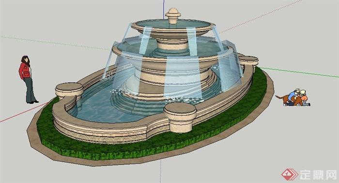 新古典风格椭圆形喷泉水景su模型(2)