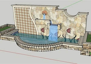 园林景观跌水景墙及花钵水池SU(草图大师)模型