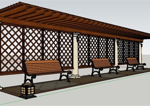 欧式风格木制长廊架、座椅、园灯SU(草图大师)模型