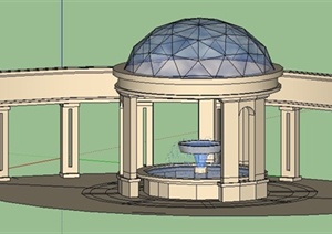 欧式风格喷泉圆顶亭及弧形廊SU(草图大师)模型