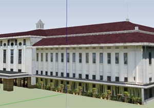 一栋现代三层办公楼建筑SU(草图大师)模型