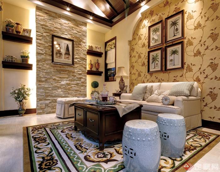 客厅,沙发,茶几,椅子,装饰墙,置物架