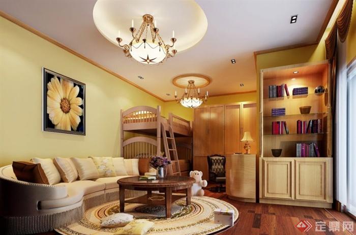 孩子房,沙发,茶几,地毯,高低床,吊灯,书柜
