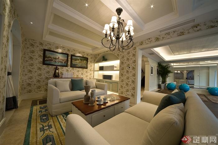 客厅,沙发,茶几,吊灯,背景墙,摆件,茶具