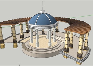 欧式风格圆顶亭及弧形廊架组合SU(草图大师)模型