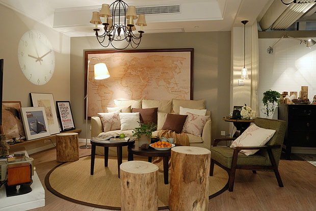 客厅,地图,背景墙,沙发,茶几,坐凳,灯饰