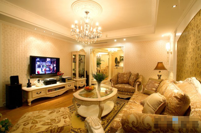 客厅,沙发,茶几,吊灯,电视柜,电视,台灯
