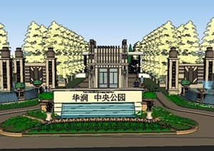 新古典风格公园入口及主干道景观设计SU(草图大师)模型
