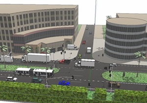 两栋现代办公楼及道路环境SU(草图大师)模型