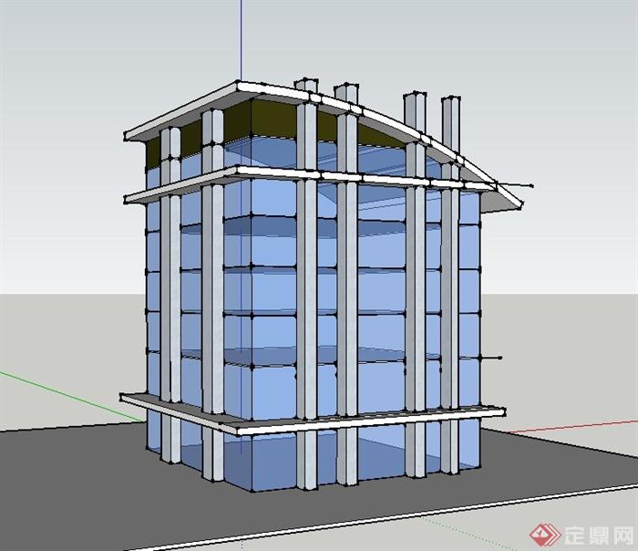 现代七层墙体透明材质办公建筑设计SU模型(3)