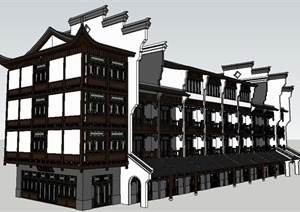 古典中式四层沿街商铺建筑设计SU(草图大师)模型