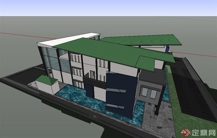 现代某两层图书馆建筑设计SU模型(3)