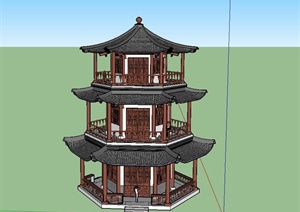 某古典中式三层古木塔设计SU(草图大师)模型
