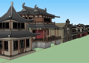 古典中式沿街商铺、戏台、民居建筑设计SU(草图大师)模型