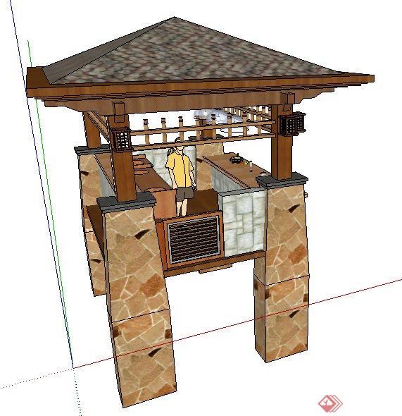 现代中式厨房亭子su模型(1)