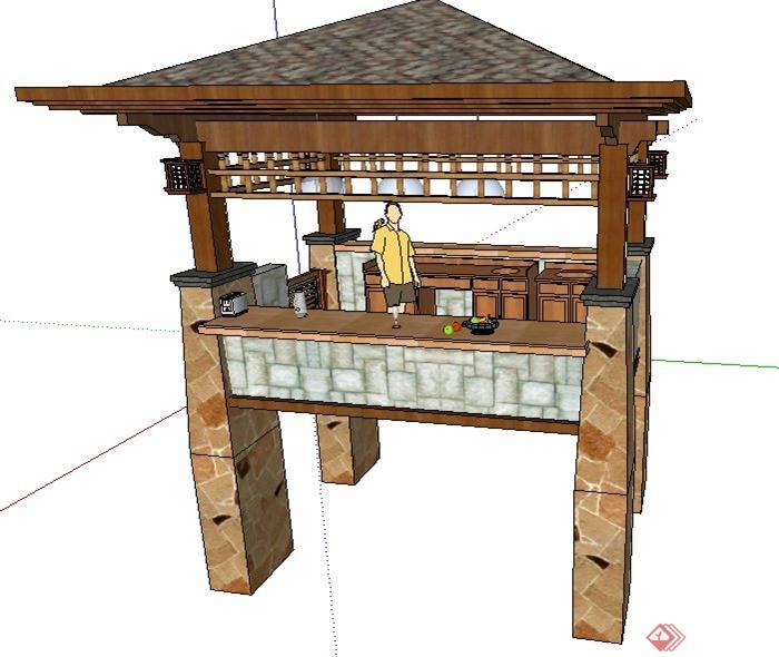 现代中式厨房亭子su模型(2)