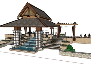 东南亚风格廊架、凉亭、叠水景观组合SU(草图大师)模型