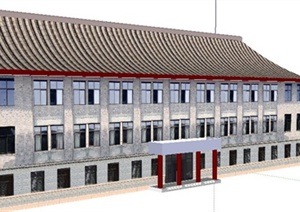 现代中式三层教学楼建筑设计SU(草图大师)模型