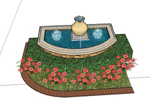 园林景观喷泉水景与花池组合设计SU(草图大师)模型