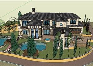 某欧式两层别墅住宅建筑与景观设计SU(草图大师)模型