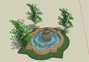 园林景观喷泉与植物设计SU(草图大师)模型