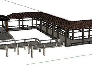 现代中式风格凉亭及长廊、园桥组合SU(草图大师)模型