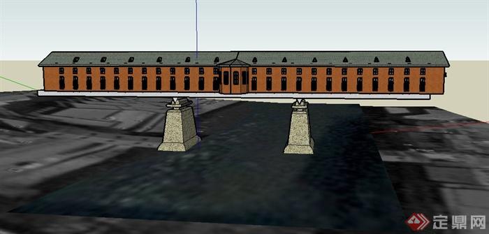 某单层桥梁办公建筑设计SU模型(1)