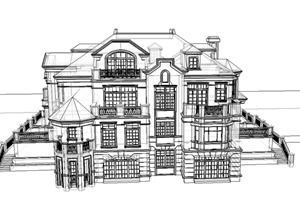 某两层大型组合别墅建筑设计SU(草图大师)模型