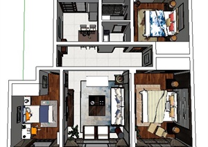 现代中式风格三室两厅室内设计SU(草图大师)模型
