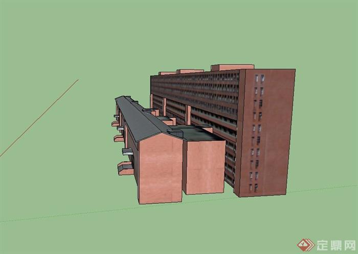 现代某学校两排链接教学楼建筑设计SU模型(2)