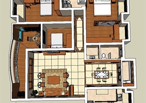 现代中式风格三居室室内设计SU(草图大师)模型
