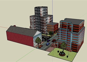 某三岔路口街道综合建筑设计SU(草图大师)模型