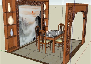 现代中式餐桌椅组合SU(草图大师)模型