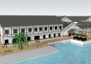 现代中式风格滨水住宅建筑设计SU(草图大师)模型