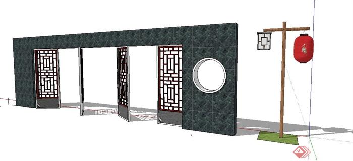 现代新中式风格景墙及灯笼su模型(1)