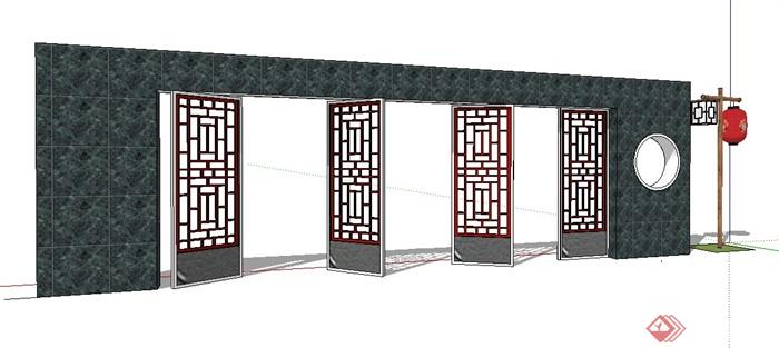 现代新中式风格景墙及灯笼su模型(2)