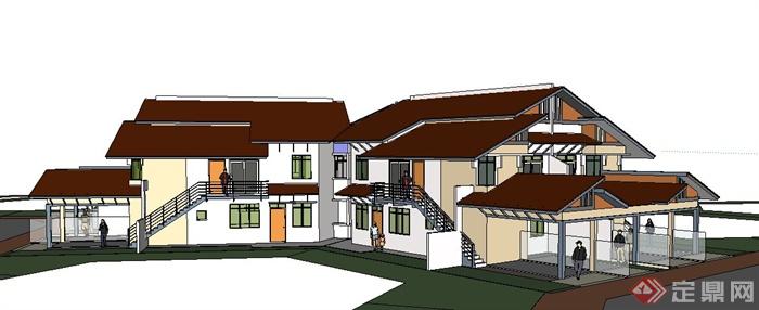 现代风格拼接式别墅住宅建筑设计SU模型(1)