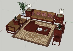 中式沙发茶几组合设计SU(草图大师)模型