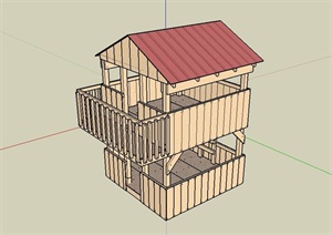 某木质两层站岗台建筑设计SU(草图大师)模型