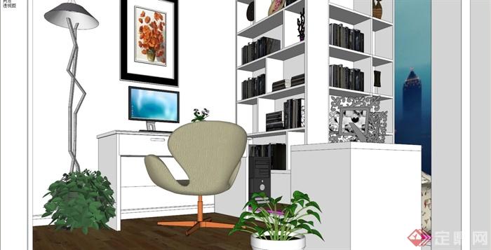 书房,书桌椅,落地灯,书柜,盆栽