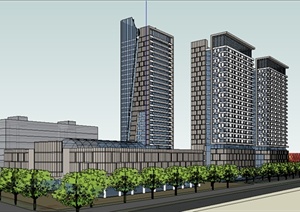 高层办公楼底层商业步行街建筑设计SU(草图大师)模型